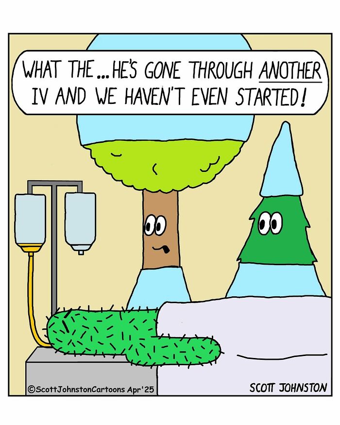 Funny one-panel comic by Canadian cartoonist Scott Johnston showing trees and a cactus in a hospital setting with IV bags.