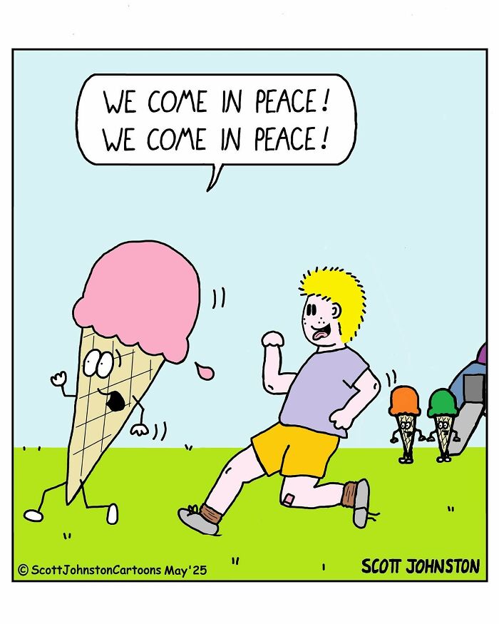 Funny one-panel comic by Canadian cartoonist Scott Johnston featuring walking ice cream cones and a surprised boy outdoors.