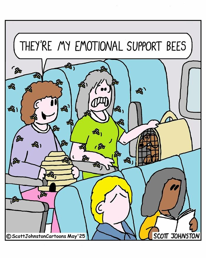 Funny one-panel comic by Canadian cartoonist Scott Johnston showing emotional support bees on a plane with passengers reacting.