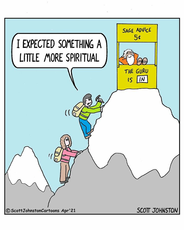 Funny one-panel comic by Canadian cartoonist Scott Johnston showing climbers reaching a guru's advice booth on a mountain.