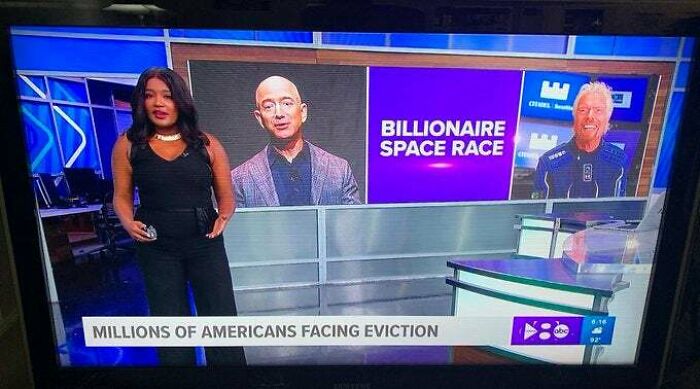 News anchor presenting a segment on the billionaire space race with a headline about millions facing eviction.