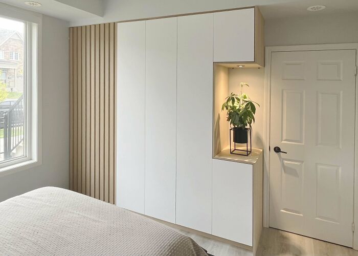 Minimalist corner of a home with built-in white cabinetry and a potted plant, showcasing proud home decorating.