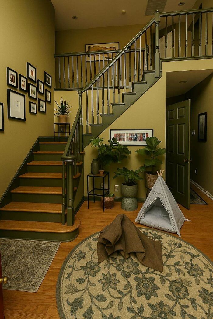 Cozy decorated corner under staircase with plants, framed art, and a small indoor teepee in a stylish home.