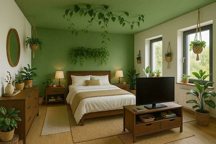Cozy bedroom corner with green walls, hanging plants, wooden furniture, and natural light showcasing home decorating pride.