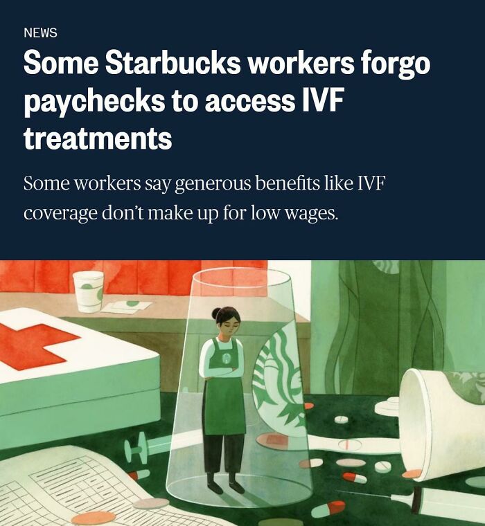 Starbucks worker in uniform stands isolated under a glass on table with pills, highlighting point of no return concerns.
