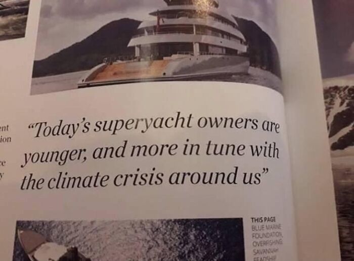 Photo of magazine text discussing superyacht owners’ awareness of the climate crisis in photos that question the point of no return.