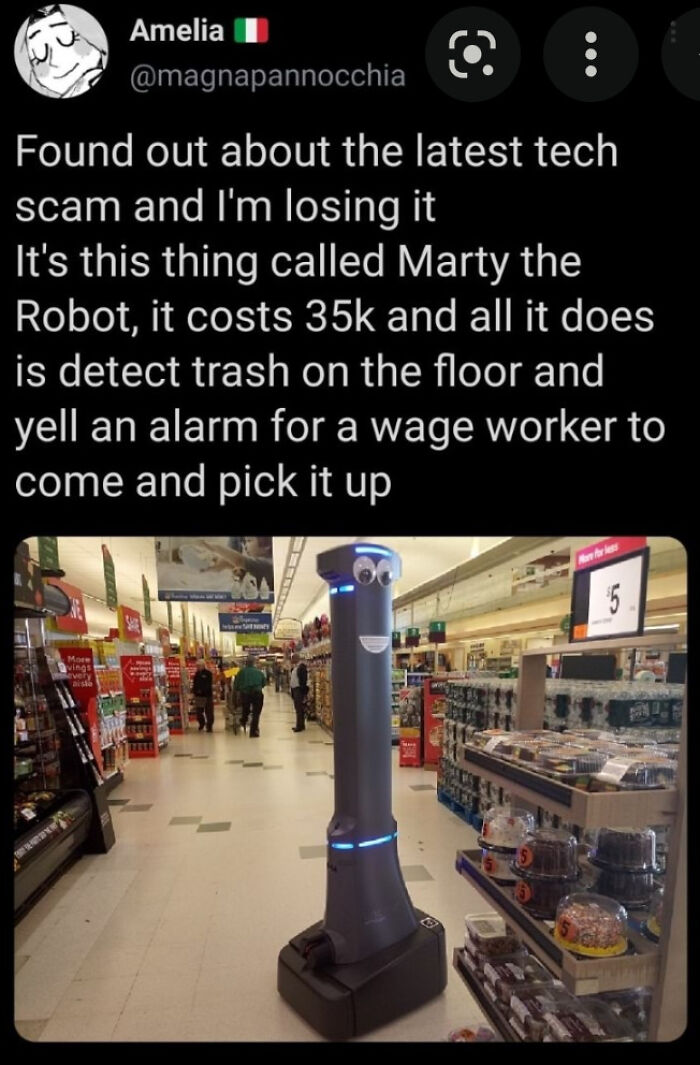 Robot in a store detecting trash on the floor with an alarm, raising questions about crossing the point of no return.