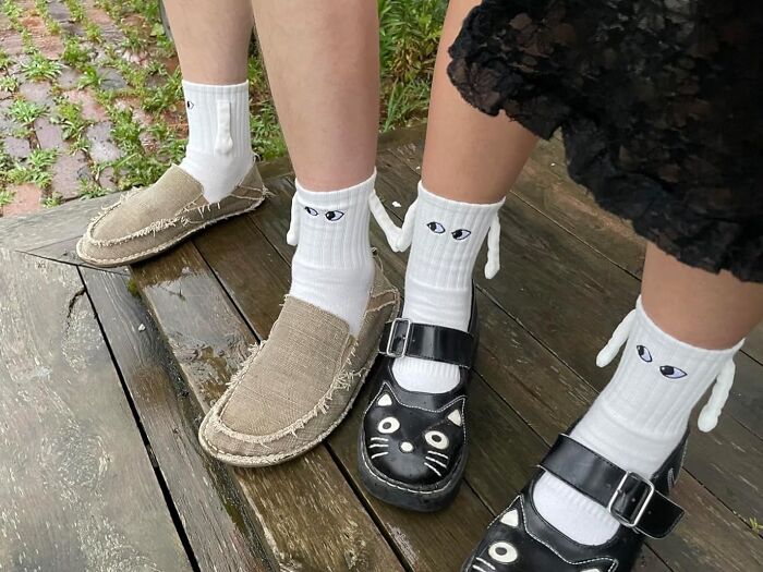 Creative socks with eye designs paired with casual shoes showcasing unexpectedly brilliant Amazon finds style.