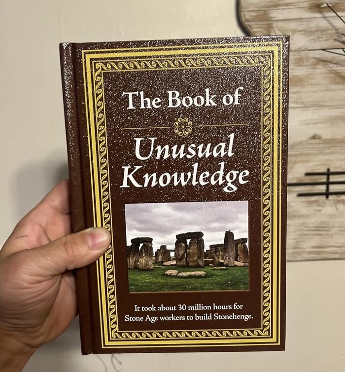 Hand holding The Book of Unusual Knowledge, an unexpected brilliant Amazon find with unique facts and historic images.