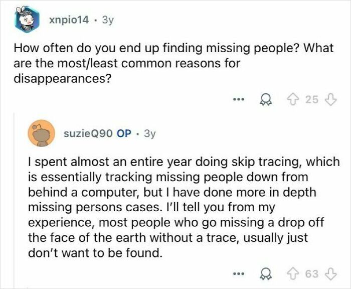 Online discussion where private investigators answer questions about finding missing people in their mysterious profession.