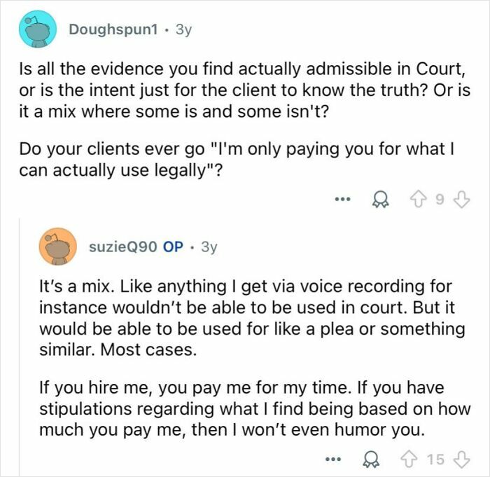 Screenshot of a conversation about private investigators discussing evidence admissibility and client expectations in their profession.