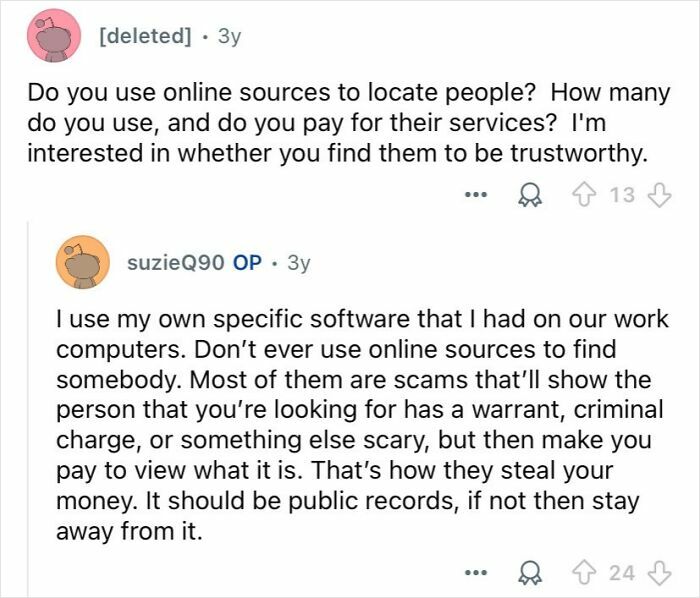Screenshot of an online Q&A where private investigators discuss using software and avoiding online sources to locate people.