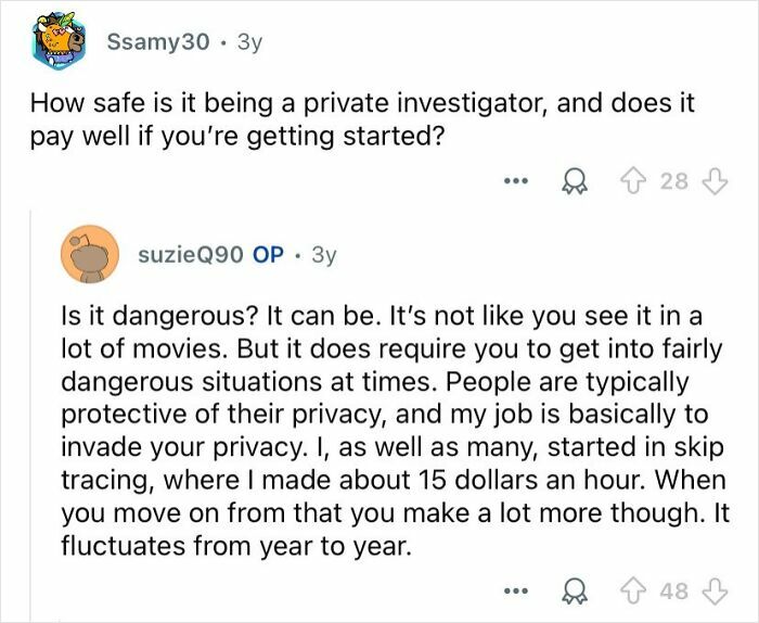 Screenshot of a conversation discussing the safety and pay of private investigators starting their careers.