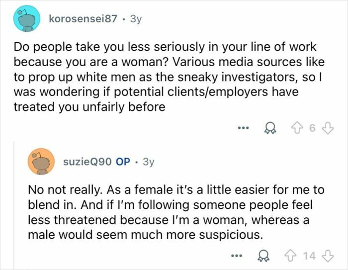 Reddit conversation showing a female private investigator discussing challenges and perceptions in the profession.