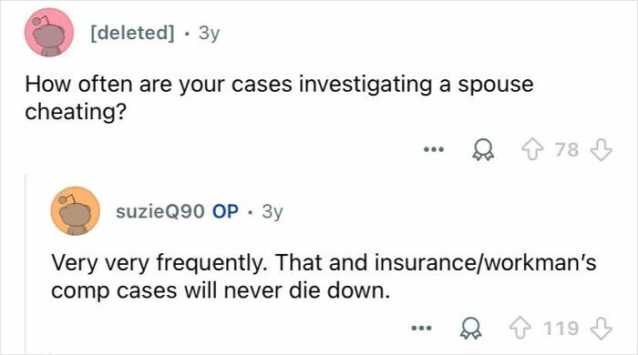 Reddit Q&A showing private investigators frequently handling spouse cheating and insurance cases.