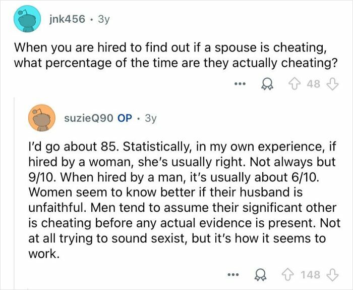 Online discussion where private investigators answer questions about infidelity with insights into their mysterious profession.