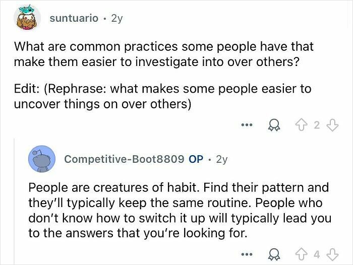 Screenshot of a Q&A discussing how private investigators use people’s habits and routines in their investigations.