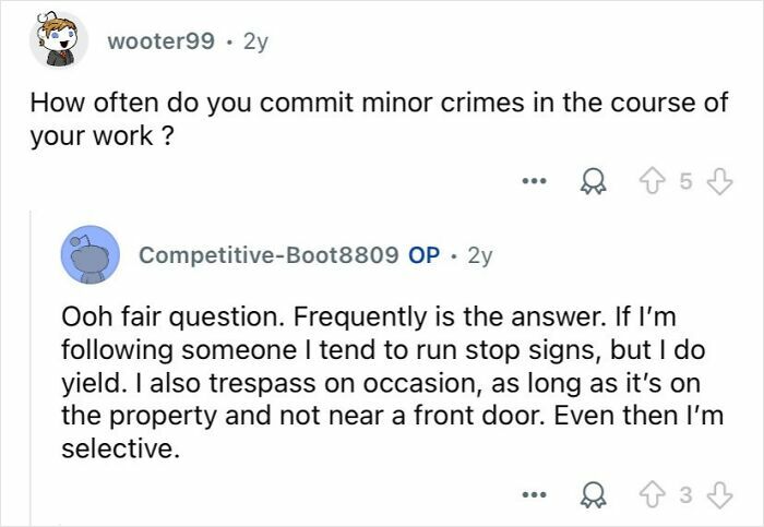 Reddit conversation showing a private investigator answering questions about their work and minor crimes committed.