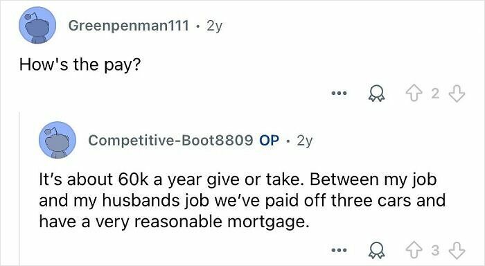 Reddit user discusses pay for private investigators, mentioning an annual income of about 60k and financial stability from the profession.