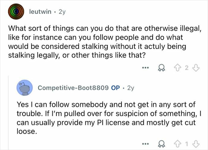 Reddit Q&A showing private investigators answering questions about legal boundaries in their mysterious profession.