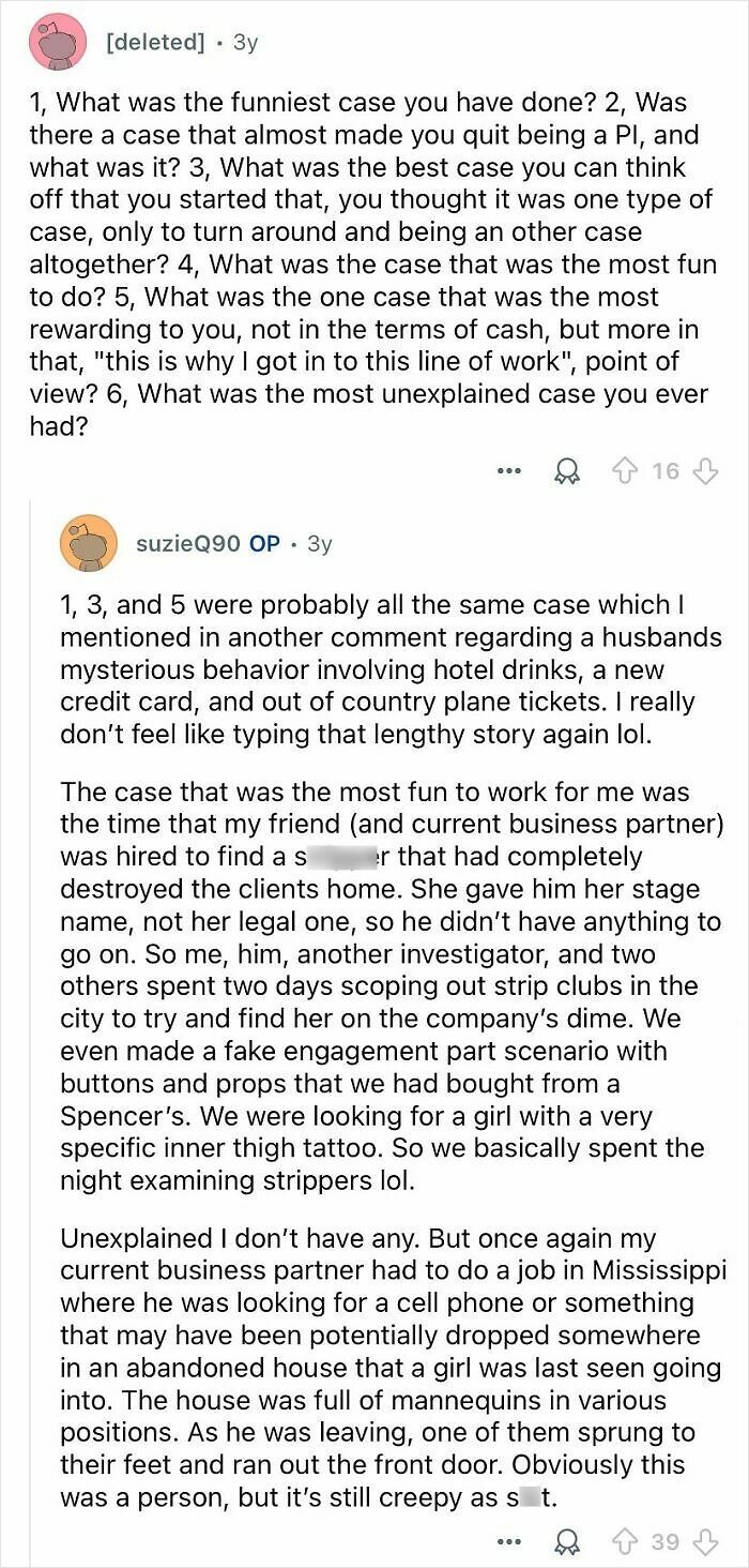 Reddit thread where private investigators answer questions about their mysterious profession with case stories and experiences shared.