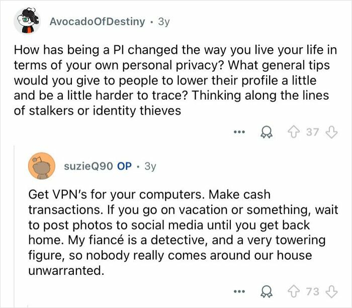 Conversation about private investigators sharing tips on personal privacy, including using VPNs and cautious social media posting.