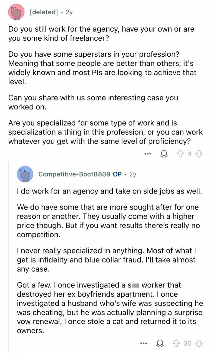 Screenshot of a Reddit conversation where private investigators discuss their work, specialization, and interesting cases.
