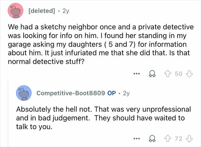 Alt text: Conversation about private investigators asking children for information, raising questions about their professional conduct.