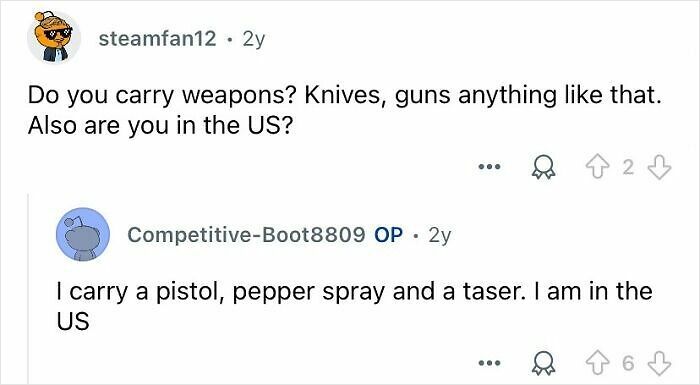 Reddit Q&A where private investigators discuss carrying weapons like pistols, pepper spray, and tasers in the US.