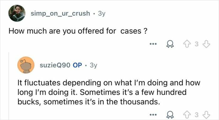 Screenshot of an online Q&A where private investigators discuss payment rates for cases in their mysterious profession.