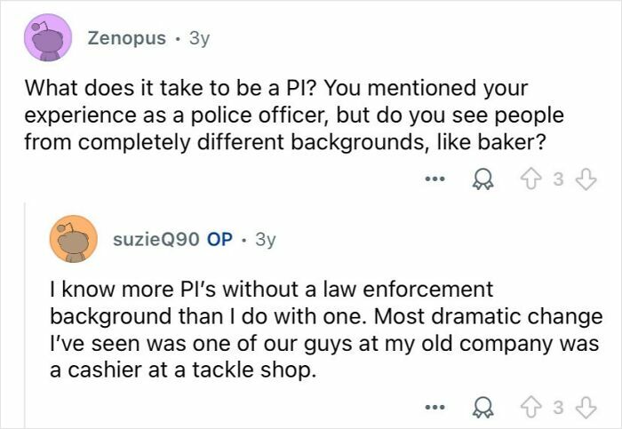 Online discussion showing private investigators answering questions about their mysterious profession and diverse backgrounds.