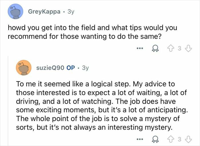 Reddit conversation discussing how private investigators enter the field and tips for those interested in the profession.