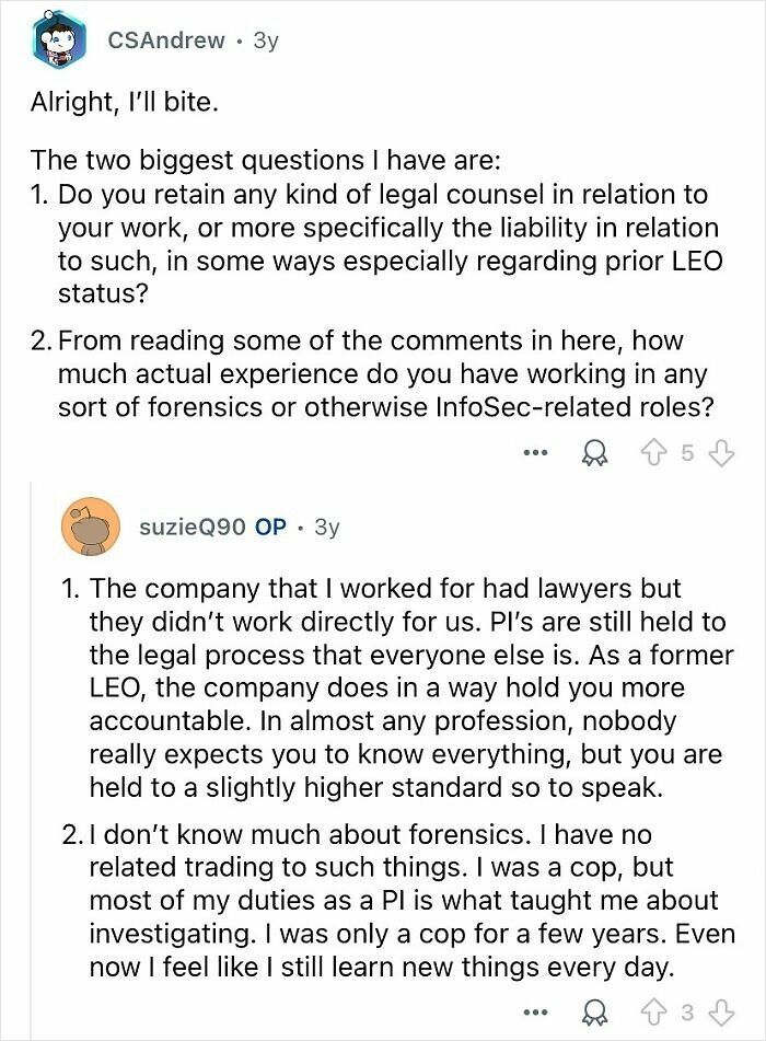 Screenshot of an online discussion where private investigators answer questions about their legal counsel and forensic experience.