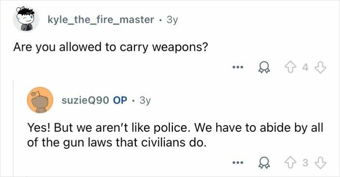 Screenshot of a Q&A where private investigators discuss carrying weapons and following civilian gun laws.