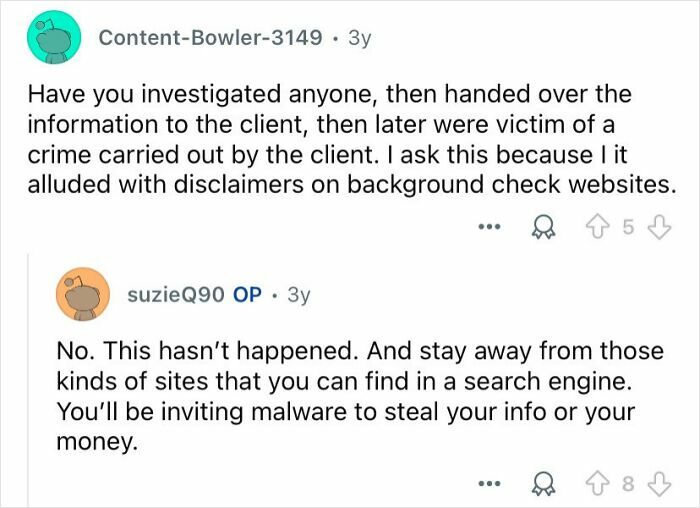 Online discussion about private investigators answering questions on background checks and related security risks.