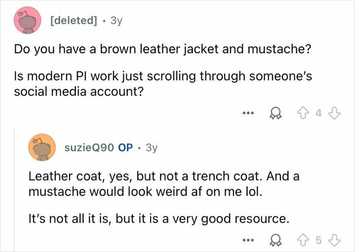 Screenshot of a Q&A discussing private investigators and modern PI work involving social media as a resource.