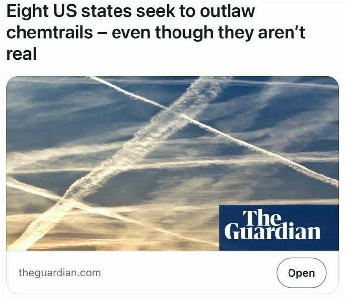 Sky filled with crisscrossing contrails under light clouds illustrating satire headlines about chemtrails debate.