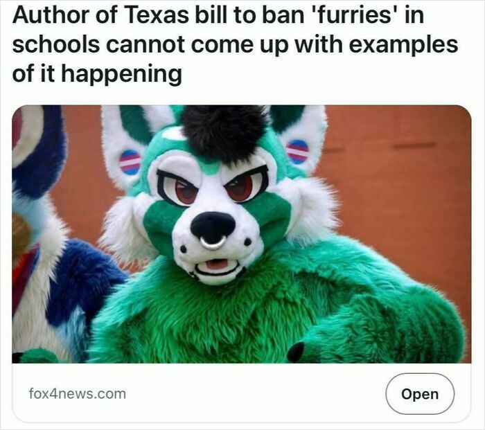 Person in green and white furry costume with angry expression illustrating satire headlines that are unfortunately true.