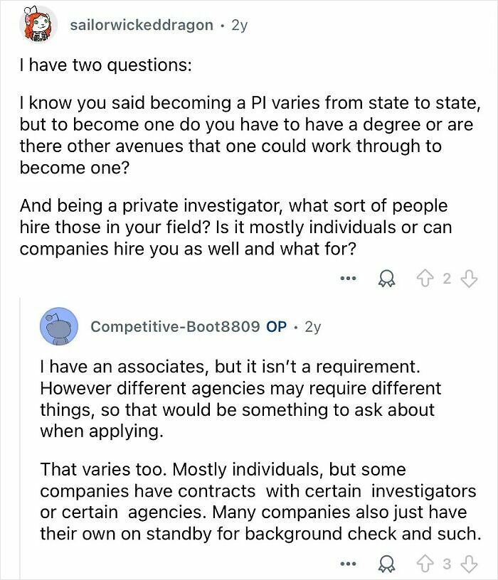 Reddit Q&A discussing private investigators and insights about becoming and working in the private investigator profession.