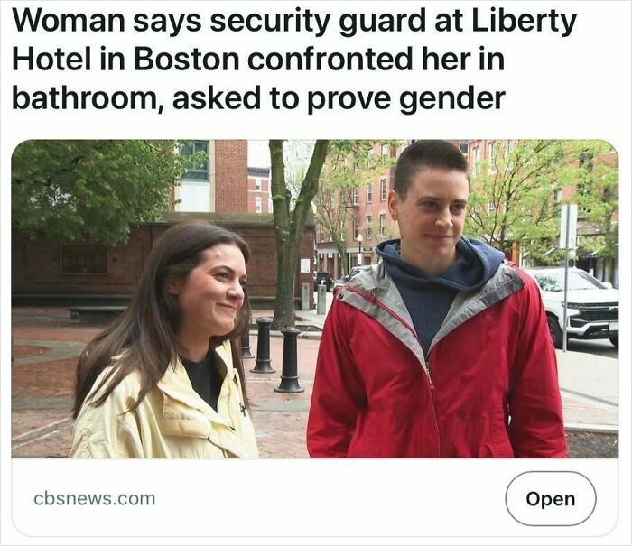 Two people standing outside near trees and buildings, illustrating a headline about a security guard confrontation.