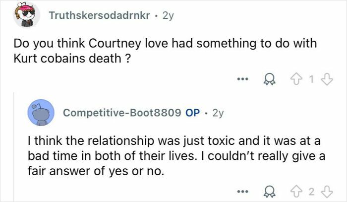 Reddit user answering questions about Courtney Love and Kurt Cobain, illustrating private investigators answering questions.