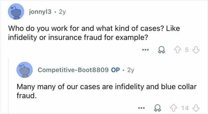 Reddit user asks about cases handled by private investigators, mentioning infidelity and insurance fraud as examples.