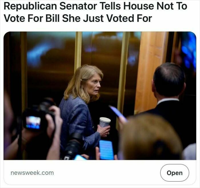 Woman holding coffee cup talks to group in elevator, illustrating headlines that could pass for satire but are true.