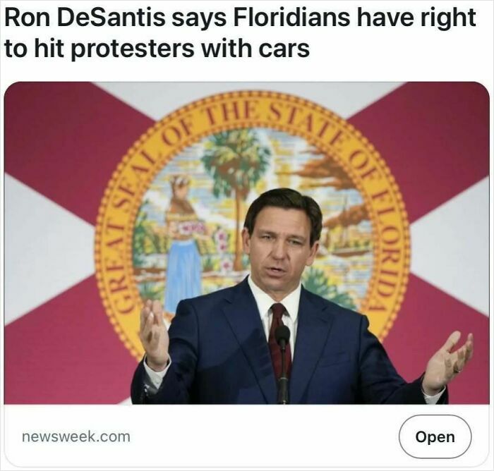 Ron DeSantis speaking at podium with Florida state seal, controversial headline from satire headlines collection.