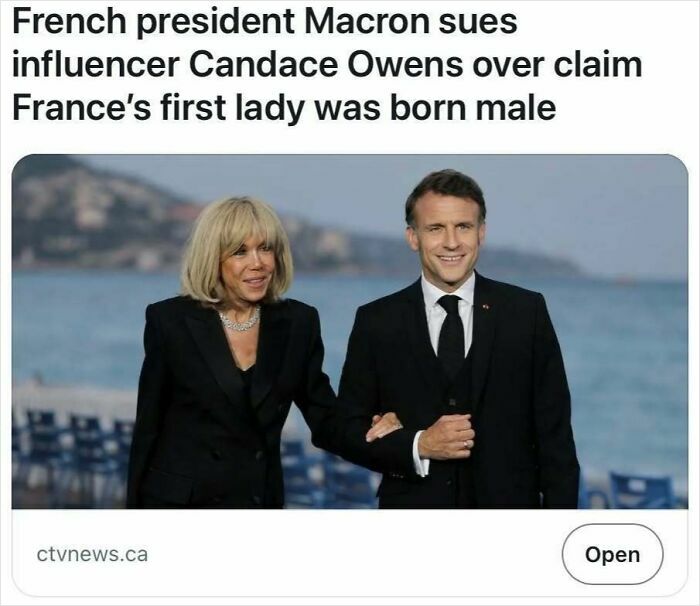 French president Macron and first lady pictured, related to headlines that could pass for satire but are true.