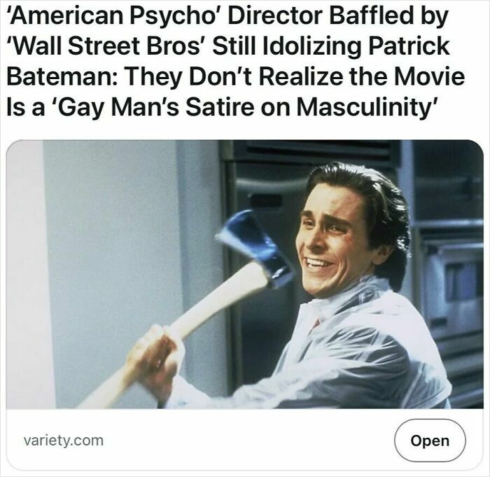 Scene from American Psycho showing a man smiling while holding an axe, illustrating satire in headlines that seem true.