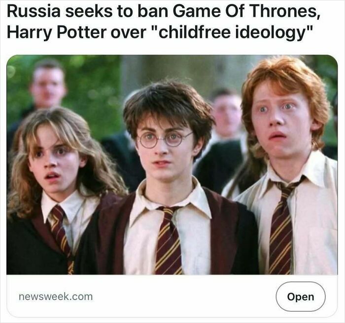 Image showing headline about Russia seeking to ban Game of Thrones and Harry Potter with shocked characters, satire headlines.