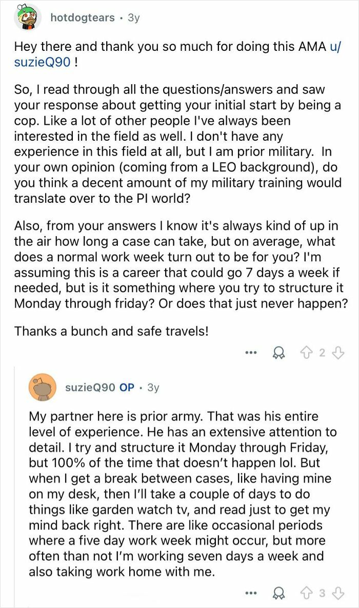 Reddit AMA text where private investigators discuss their military backgrounds and work schedules in the PI profession.