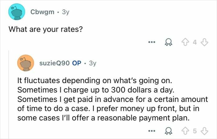 Conversation about private investigator rates, discussing payment plans and typical charges for cases in the investigation profession.