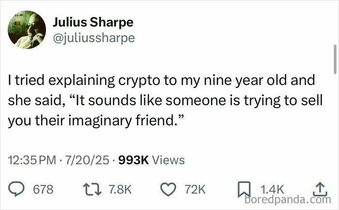 Tweet by Julius Sharpe humorously explaining crypto to a child, featured in hilarious July tweets collection.